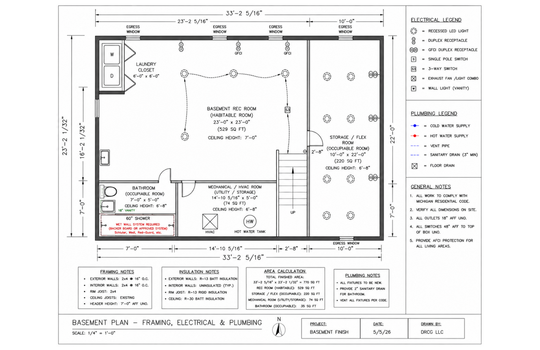 Detailed basement finish floor plan showing dimensions, rooms, stairs, egress windows, electrical fixtures, plumbing fixtures, legends, notes, scale, north arrow, and title block